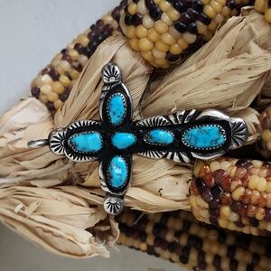 Amazing Vintage Native American Zuni Turquoise Cross Pendant by Horace Iule 🩵🩶
